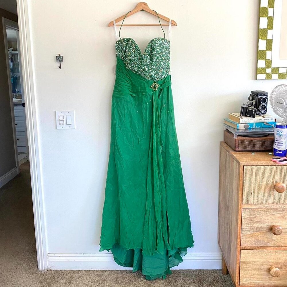 TIFFANY DESIGNS GREEN PROM FORMAL SILK MAXI DRESS SPARKLE BEADED WOMENS 12